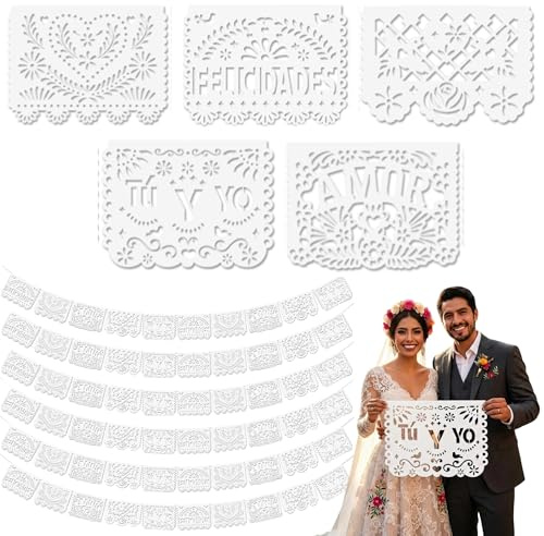 Fullhawl 6 Pack 120 ft Mexican Papel Picado Banner Plastic Cielito Lindo Wedding Party Decoration Amor & Tu Y Yo Banner Wedding Baby Shower Supplies, 10 Plastic Flags/Per(White)