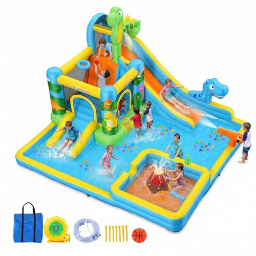 Tobogán acuático Inflable Castillo Hinchable con soplador para niños de 3 años + años, tobogán seco/acuático, Dinosaurios con 2 toboganes, Piscina Infantil y Piscina, Canasta de Baloncesto, cañón de