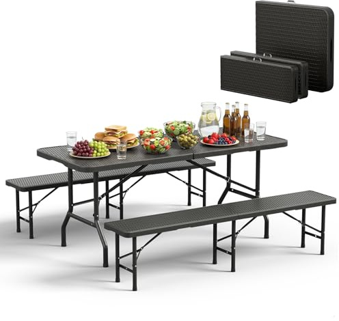 TRIUMPHKEY Bierzeltgarnitur 3 Set, 1 Biertisch + 2 Bierbänke, Bierzeltgarnitur Klappbar mit Tragegriffe, 180cm Biertischgarnitur mit Rattan-Optik, wetterfest, Schwarz