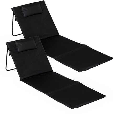 Spetebo Strandmatta, set om 2, vikbar med justerbart ryggstöd – svart – vikbar liggmatta 145 x 48 cm med huvudkudde – trädgårdssolsäng, strandsolsäng, solmatta för trädgård, camping, picknick, resor