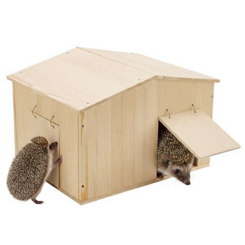Igel-Futterhaus wetterfest mit Rattenklappen, Igelhaus mit Labyrintheingang Katzensicher - Wetterfestes Winterquartier aus Holz für Igel, 2 Kammern & Schrägdach, 37x29x24 cm