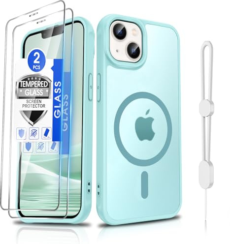 Dizn Magnetic Phone Case for iPhone 13/iPhone 14 with 2 Tempered Glass,Fit for MagSafe,Cellphone Lanyard, Matte Translucent Thin Soft, Protection Cell Cover for iPhone13/iPhone14,MintGreen