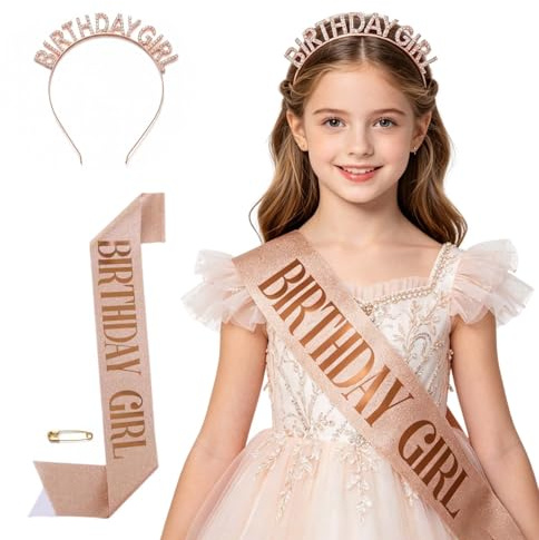 Solvio Birthday Crown and Sash for Women, Rose Gold Birthday Girl Sash and Tiara Set, Glitter Birthday Queen Crown Rhinestone Headband, Birthday Gifts for Women Decorations Party Accessories