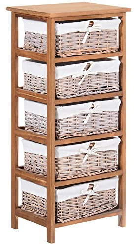 HOMCOM 5 Drawer Dresser Wicker Basket Storage Shelf Unit Wooden Frame Home Organisation Cabinet Bedroom Office Furniture Natural Finish