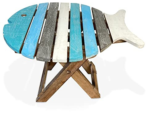 Thorness Small WOODEN FOLDING FISH shaped SIDE TABLE with distressed finish | Blue and Whitewash wood Colours | bring a simple seaside feel to any room or would fit into a nautical themed room