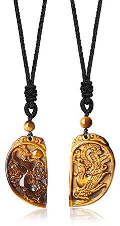 coai Partnerkedja av ädelstenar drake och fenix gravyr hänge, Tigeröga, Tigeröga