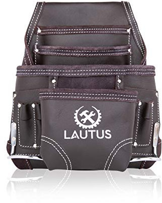 LAUTUS Borsa porta attrezzi in pelle conciata all'olio, per falegnami, edilizia, carpentieri, tuttofare, 10 tasche, 2 porta martelli, 100% pelle, marrone scuro
