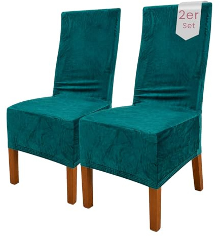 Scheffler Home Stuhlhussen Samt Türkis 2er Set Puma | Weiche Velours-Stuhlbezüge, elastisch und waschbar, für Hochlehner, Polsterstühle und Esszimmerstühle
