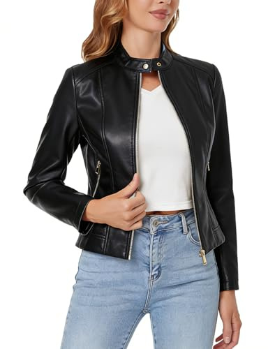 DIASHINY Chaqueta de piel sintética negra para mujer, abrigo de motociclista con cremallera, prendas de vestir cortas de PU para motocicleta 006 pequeño