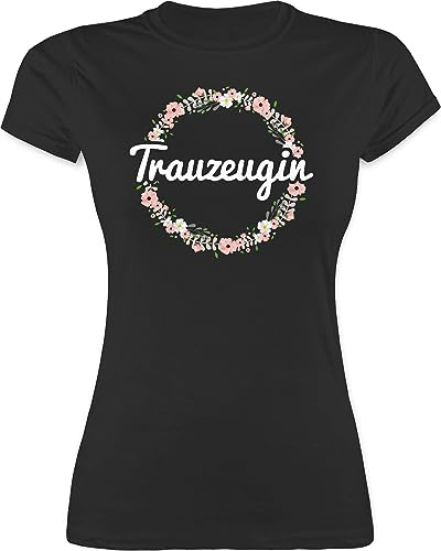 Shirt Damen - JGA Junggesellenabschied Frauen - Trauzeugin - Blumenkranz - M - Schwarz - Geschenk t-Shirts junggesellinnenabschied Bachelorette Party Bridemaid Tshirt t-Shirt jungesellinnenabschied