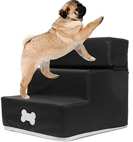 PJDDP Haustiertreppe Katzentreppe Hundetreppe Aus Leder Einstiegshilfe Faltbar,Abnehmbar, 3-Stöckig, Waschbar, Tragbar, Für Kleine Hunde Katzen Kleiner Als 5 Kg,30X35x30cm,Schwarz