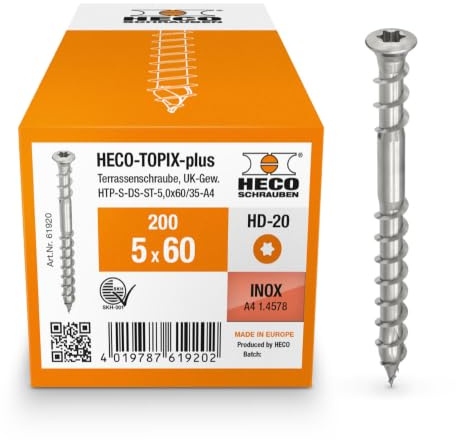 HECO-TOPIX-plus 5 x 60, Terrassenbelagschraube, Linsensenkkopf, HECO-Drive, HD-20, Unterkopfgewinde, Edelstahl A4, 200 Stück