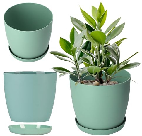 KADAX blomkruka, växtkruka med underlägg, rund blomkruka av plast, matta för kaktusar, ormbunkar, glänsande ytterkruka för balkong, lägenhet och terrass (⌀ 20 cm, mynta)