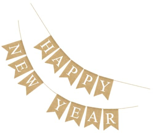 Amosfun 2023 Frohes Neues Jahr Banner Happy New Year Wimpel Girlande Leinen Wimpelkette Vintage Jute Sackleinen Banner Neujahr Silvester Party Hängende Dekoration Ornament Zufällige