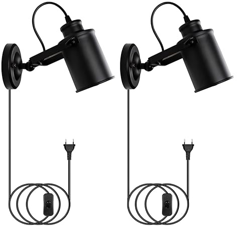 ASCELINA Vintage Wall Light with Switch, Industrial Ceiling Spotlight Black Retro Adjustable Wall Light Metal Headlight E27 Lamp Base (2 Pack)