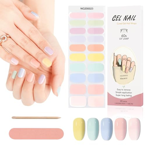 Kalolary Tiras y envolturas de uñas de gel autoadhesivas, 20 calcomanías de uñas de gel curado arcoíris (se requiere lámpara UV/LED)