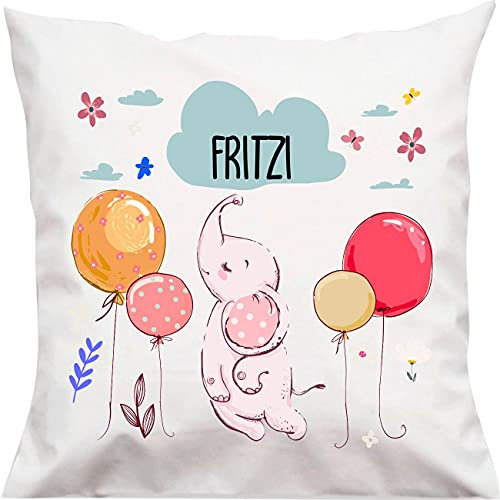 Kleckerliese Baby Kinder Kissen Kissenhülle Tiere Animal Motiven, Elefant mit Wunschname, 40x40 cm Farbe Weiß