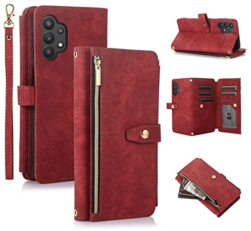 UEEBAI Étui pour Samsung Galaxy A32 5G, Portefeuille Cuir PU Rétro Rabat Antichoc Housse avec Dragonne Fentes Cartes Fonction Support Fermeture Magnétique - Vintage Rouge