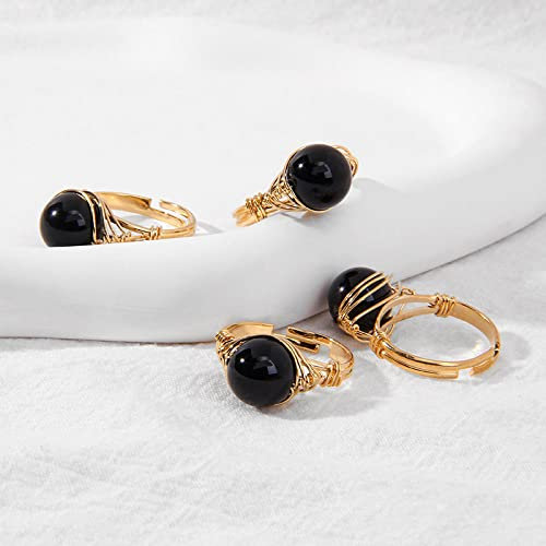 HGJH Verstellbare Ringe, natürliche Perlen, rund, schwarzer Achat, Goldener Ring, Seidenfaden, Wickeln, Angst, Öffnung, verstellbar, drehbar, Mode, Hochzeitsfeier, Geschenk