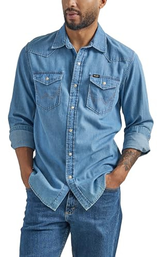 Wrangler Iconic Denim Regular Fit Snap Shirt Camicia Button-Down, Lake Wash, XL Uomo