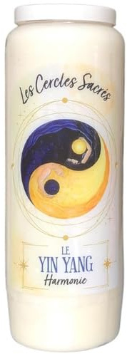 Candela Novena generica dei Cerchi Sacri, Decoro: Yin e Yang, Ø 6,5 cm x 18 cm, cera 100% vegetale, testi in francese, 73801