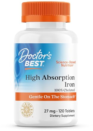 Doctor's Best, High Absorption Iron, 120 vegane Tabletten, 27mg Eisen je Dosis, Glutenfrei, Sojafrei, GMO frei, Geschmacksneutral