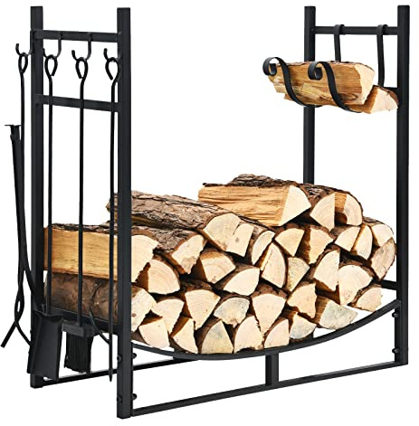 GYMAX Kaminholzregal mit 4-teilig Kaminbesteck, Brennholzregal mit Anzündholzhalter, Kaminholzständer 76/90 x 33 x 76 cm, Kaminwerkzeug Metall für Kamin & Ofen (76 x 33 x 76 cm)