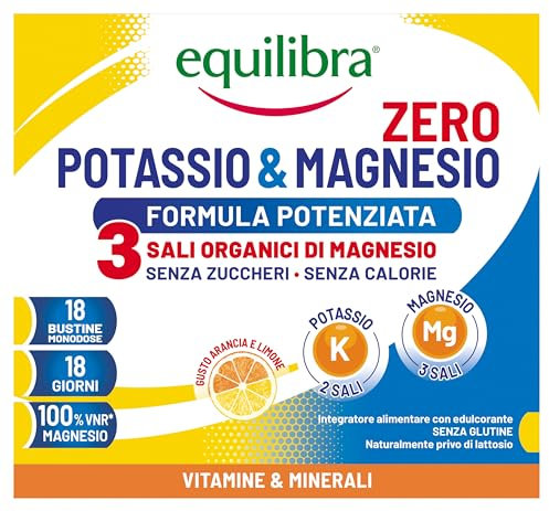 Equilibra Integratori Alimentari, Potassio e Magnesio Zero - 3 Formula Potenziata, Integratore Magnesio e Potassio Senza Zucchero e Calorie, Reintegro Sali Minerali, Gusto Arancia Limone, 18 Bustine