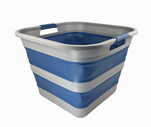 SAMMART 35L Collapsible Plastic Laundry Basket - Square Tub/Basket - Foldable Storage Container/Organizer - Portable Washing Tub - Space Saving Laundry Hamper (Grau/Nebelblau)