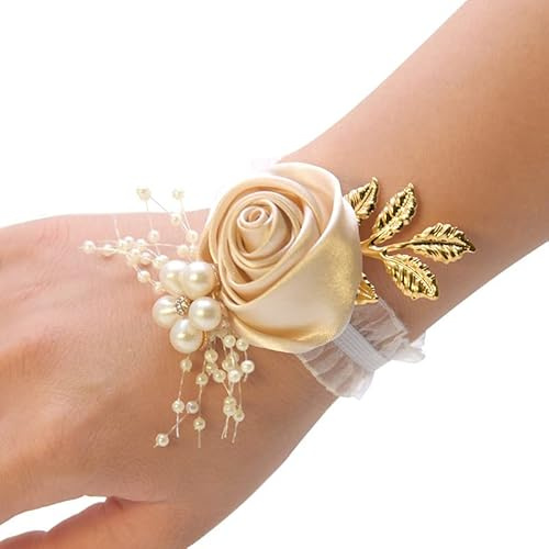 PTNKUIIY Handgelenk Blume,Hochzeit Handgelenk Blumen mit Perle Strass Handgelenk Hand Blume Corsage Blumenarmband Rose Corsage Armreif für Festival,Strand Party,Abschlussball Zubehör -Champagner Gold