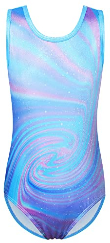 ZNYUNE Gymnastikanzug für Mädchen, Gymnastik, Tanzen, Ballett, Galaxie, Fischschuppen, dehnbar, glitzernder Druck, Tanktrikot B288, Hellblau, 14 A