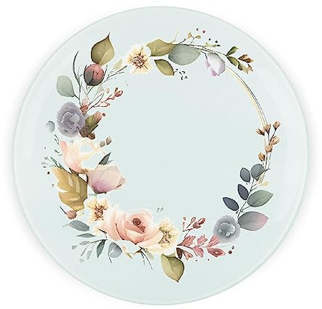 Floral Round Glass Worktop Saver - Pink Flower Wreath - Textured Kitchen Chopping/Cutting Board Worktop Protector with Non-Slip Feet 30cm x 30cm (12 x 12)