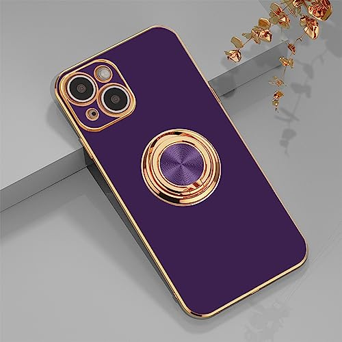 EYZUTAK Electroplated Magnetic Ring Holder Case for iPhone 14, 360 Degree with Rotation Metal Anti-fall Finger Ring Holder Magnet Car Holder Slim Soft Silicone Shockproof Cover - Dark Purple