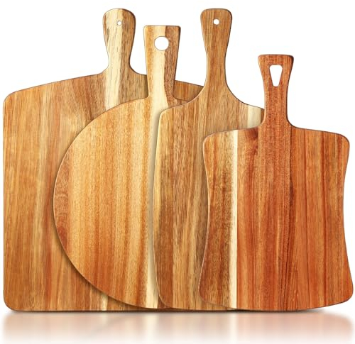 Silifine Juego de 4 tablas de cortar de madera de acacia gruesa con asas, tablas de charcutería grandes de varios tamaños, bandeja de servir de bloque de carnicero para queso, carne, pizza, verduras,
