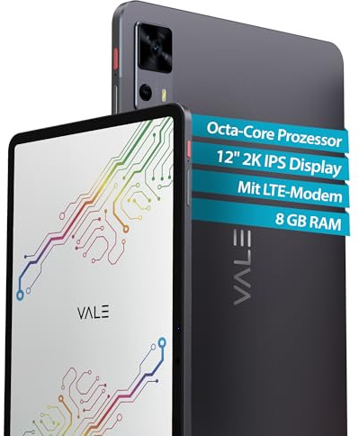 VALE Tablet mit LTE Grau - 12 2K Incell IPS Display - Octa-Core Prozessor - 8+4 GB RAM - 128 GB eMMC - 8 MP Kamera - Android 14 - Lange Akkulaufzeit