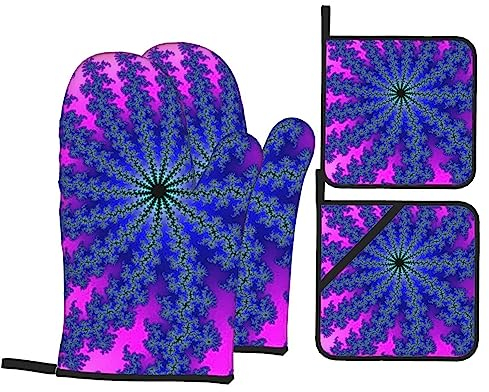 Ofenhandschuhe und Topflappen, mit Foto in Batikfärbung, wasserdicht, hitzebeständig, Topflappen zum Kochen, Backen und Grillen, Violett, 4 Stück