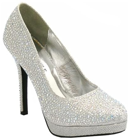 BloomFashion Womens HIGH Heel Sparkly Diamante Party Pumps - Ladies Round Toe Platform Court Shoes Wedding Bridal Glitter Heeled Pump Evening Courts (UK 4, Silver)