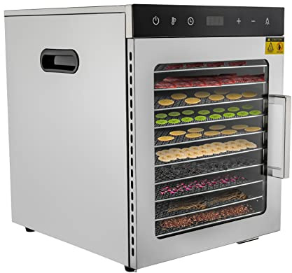 220V 800W Dörrautomat aus Edelstahl, 10 Ablagen Dörrgerät Temperaturregler von 30-90℃, Timerfunktion von 0,5-24h, Dehydrator für Obst, Gemüse, Fleisch und Tee, BPA-frei