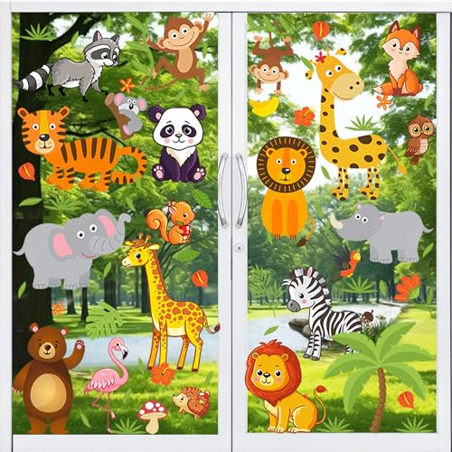 Moxled 9 Blatt Fensterbilder Kinderzimmer Selbstklebend - Waldtiere Wandtattoo Fenstersticker Wiederverwendbare Fensteraufkleber für Schlafzimmer Kinderzimmer Deko