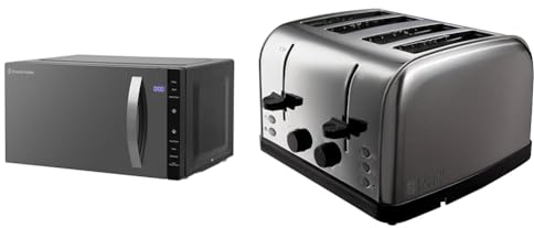 Russell Hobbs RHFM2363B 23 L 800 W Black Digital Flatbed Solo Freestanding Microwave & 4 Slice Toaster (High lift feature, 7 Browning levels, Frozen/Cancel/Reheat function