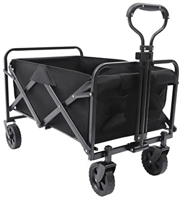 Folding Hand Cart Black Heavy Duty Garden Wagon Trolley Adjustable Handle Trolley Beach Camping Festival Cart with 4 Wheels, 176lbs Larger Capacity Pull along Cart Collapsible Wagon