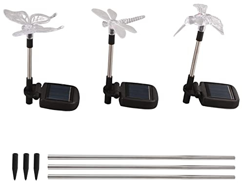 Garosa Solar Gartenstecker Lichter, LED 3er-Pack, Schmetterling Vogel Libelle, Edelstahl ABS, Farbwechsel RGB, 69x9,5x5,8 cm, Außendekoration