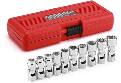 EMENTOL 10PCS 3/8 Drive Universal Joint Socket Set, 12 Point, Metric Universal Flex Socket Set, CR-V, Swivel Head, 10mm - 19mm