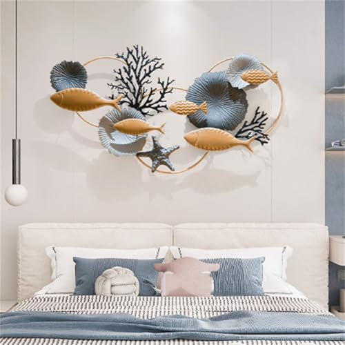Wanddekoration aus Metall, Fisch, 90 x 50 cm, großer Fischschwarm, Wandkunst, Skulptur, 3D-Metall, handgefertigt, Fisch, Hängedekoration für Wohnzimmer/Schlafzimmer