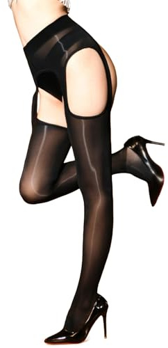 GOCBOBO Shiny Suspender Tights for Women Sexy High Waist Garter Stockings Silky Sheer Suspender Stockings Black