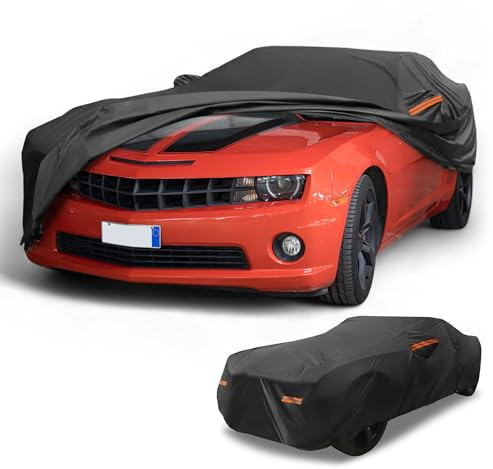 Partuto Waterproof Full Car Cover for Chevy Camaro with Zipper | All Weather Sun Rain Protection, Full Cover, Left Side Zippers, Black