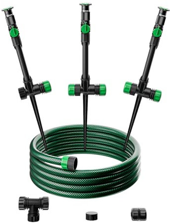 RESTMO Sistema de aspersor flexible con base de pinchos de metal, kit de riego por encima del suelo, juego de aspersor multiajustable, ideal para riego de plantas y macizos de flores, manguera de