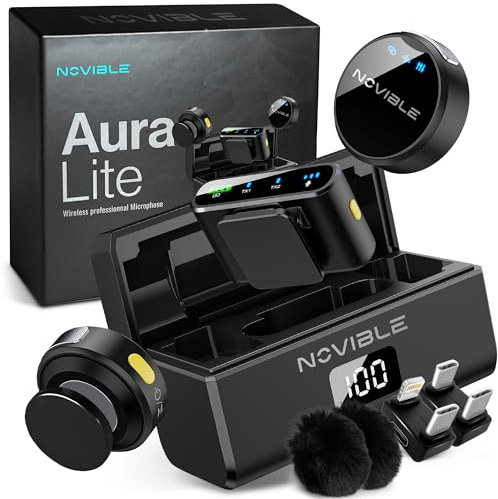 Novible - Microfono Lavalier Wireless per iPhone, Android, Fotocamera, PC - Audio Chiaro, Cancellazione Rumore, Portata 100 m - Autonomia 25 h con Custodia di Ricarica