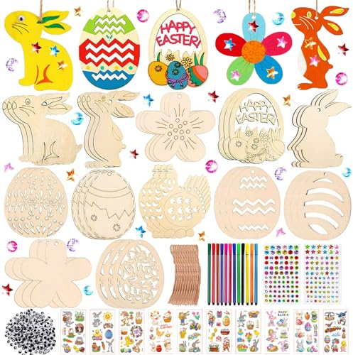 324 Stück Ostern Bastelset Kinder, Holzanhänger Ostern zum Bemalen, Ostern Anhänger Holz, Ostern Basteln Kinder, Ostern Holz Bemalen, mit Aquarellstift, Strass, Auge, Seil, Aufkleber