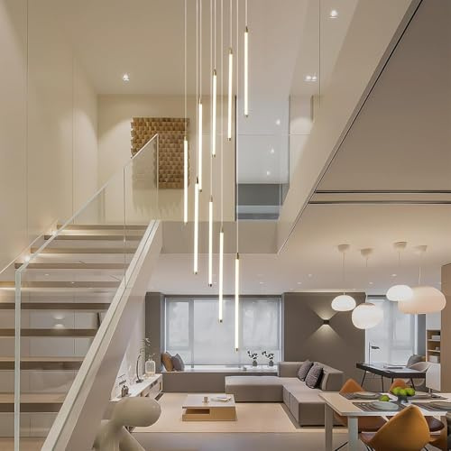 Stesulfr Kronleuchter Modern LED Treppenhaus 9 Lichter Lange Foyer Hängelampe für hohe Decken Schwarze lineare Pendelleuchte mit Fernbedienung Dimmbare hohe Deckenbeleuchtung für Treppen Wohnzimmer Ei